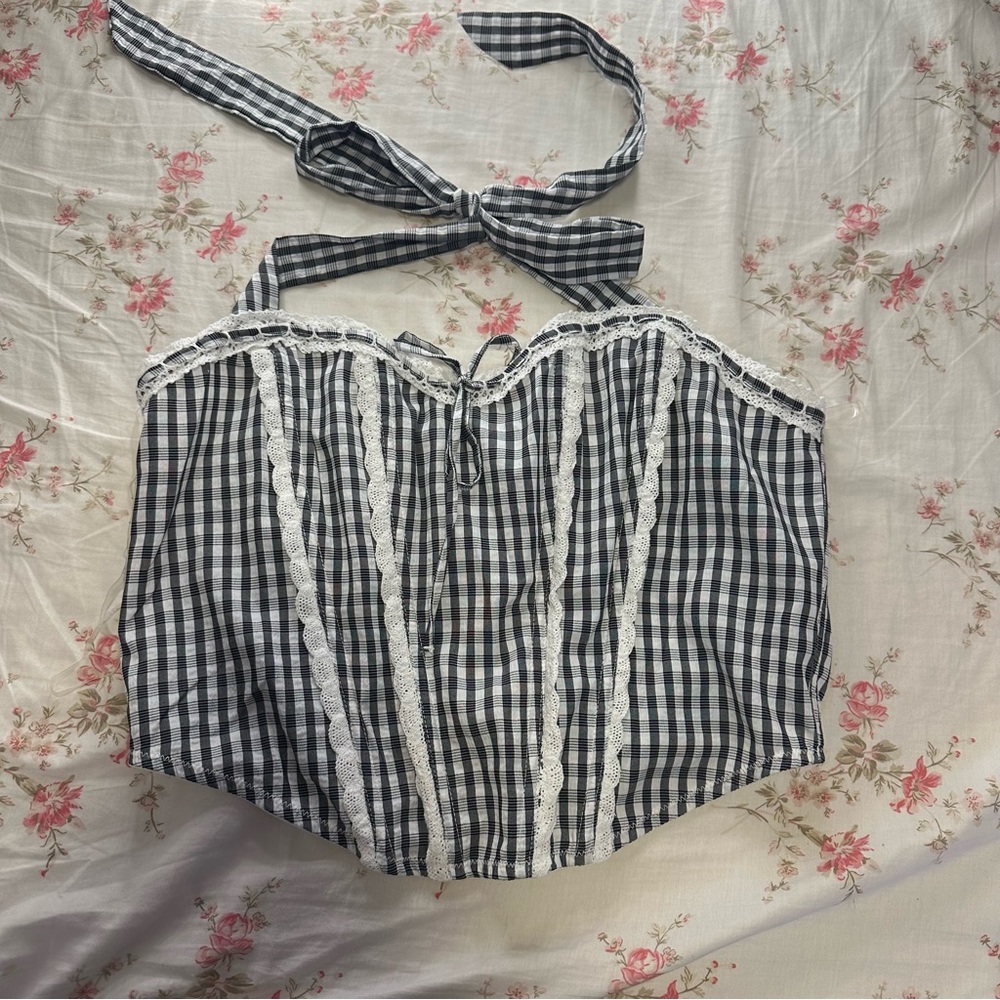 Black and White Gingham Lace Trim Corset Top